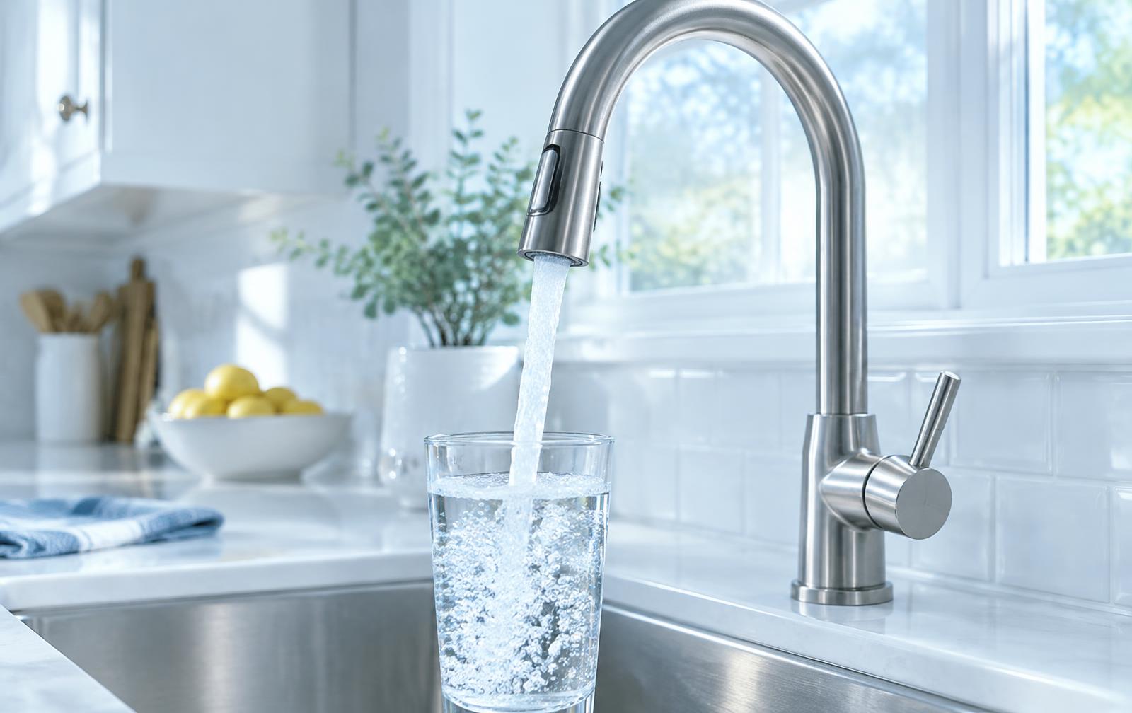 Clear filtered water pouring from a kitchen faucet into a glass